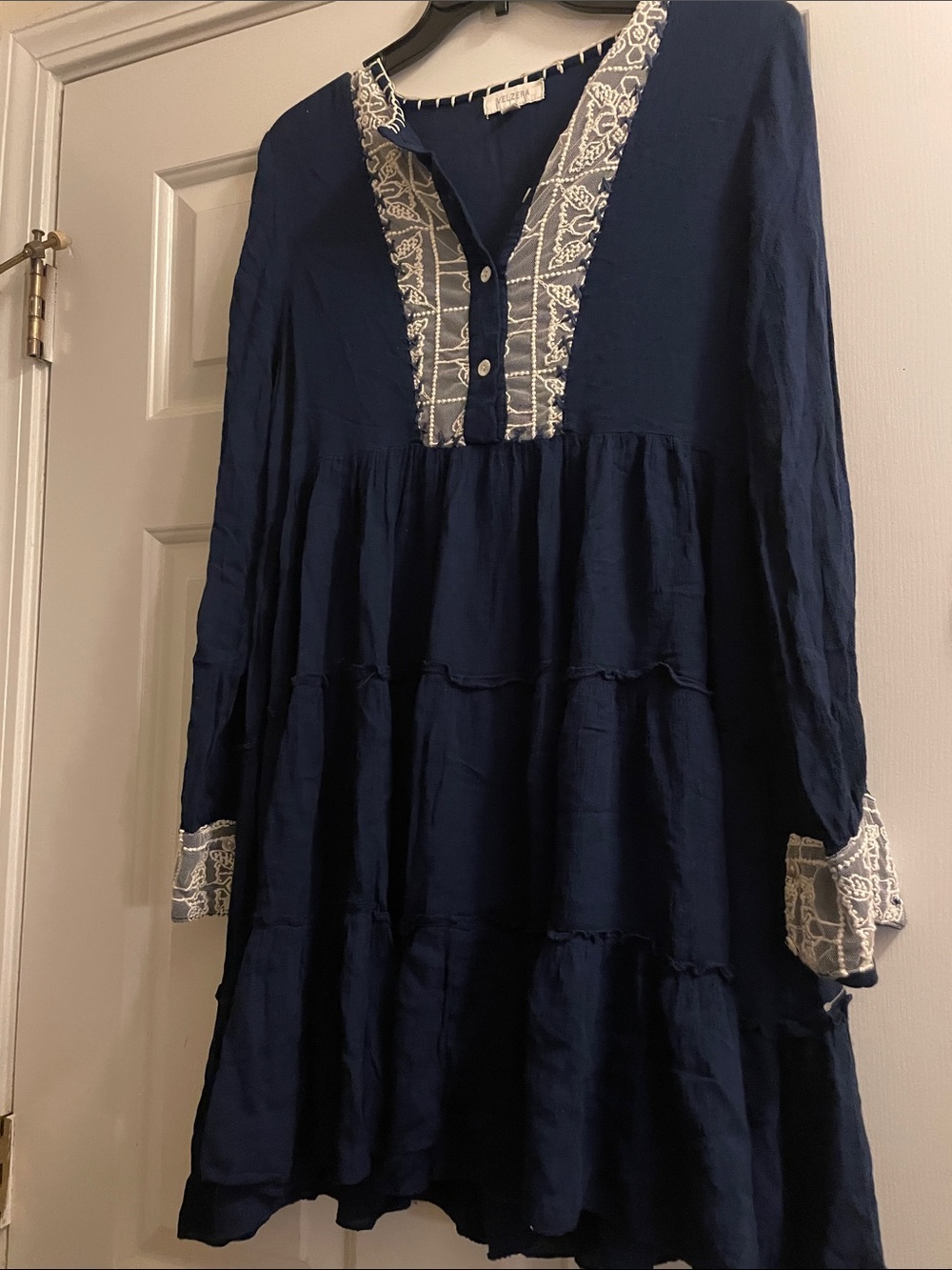 Velzera Navy Blue Long Sleeve Embroidered Tiered Dress  S